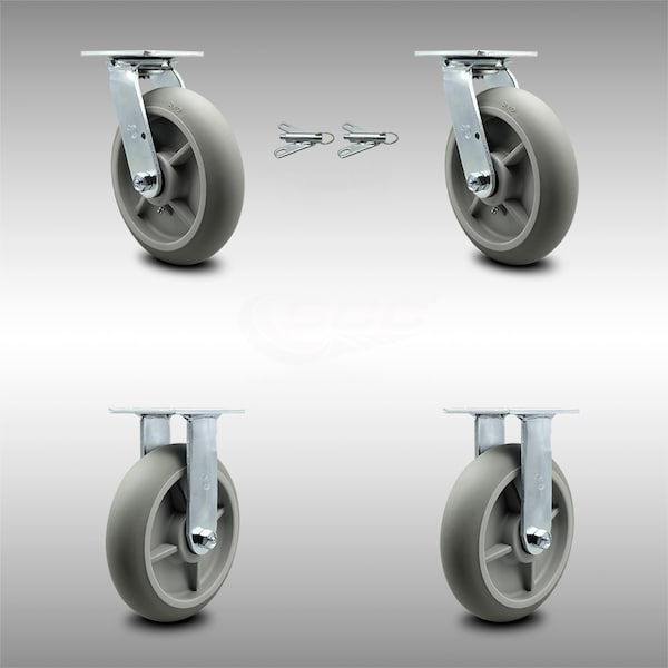 8 Inch SS Thermoplastic Caster Set with Ball Bearing 2 Swivel Lock 2 Rigid SCC